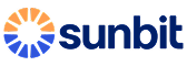 The image shows the Sunbit logo, featuring a circular design with orange and blue segments, accompanied by the company's name in blue text.