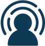 A person surrounded by blue circular lines radiating outward, resembling waves, on a plain background. Simple, abstract icon design.