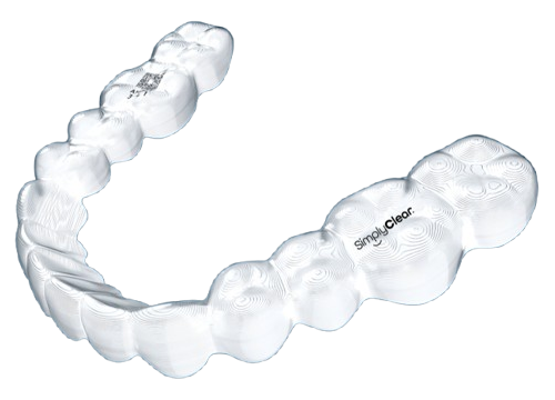 A transparent dental aligner with detailed texture, branded "Simply Clear," used for orthodontic teeth alignment, is depicted against a plain background.