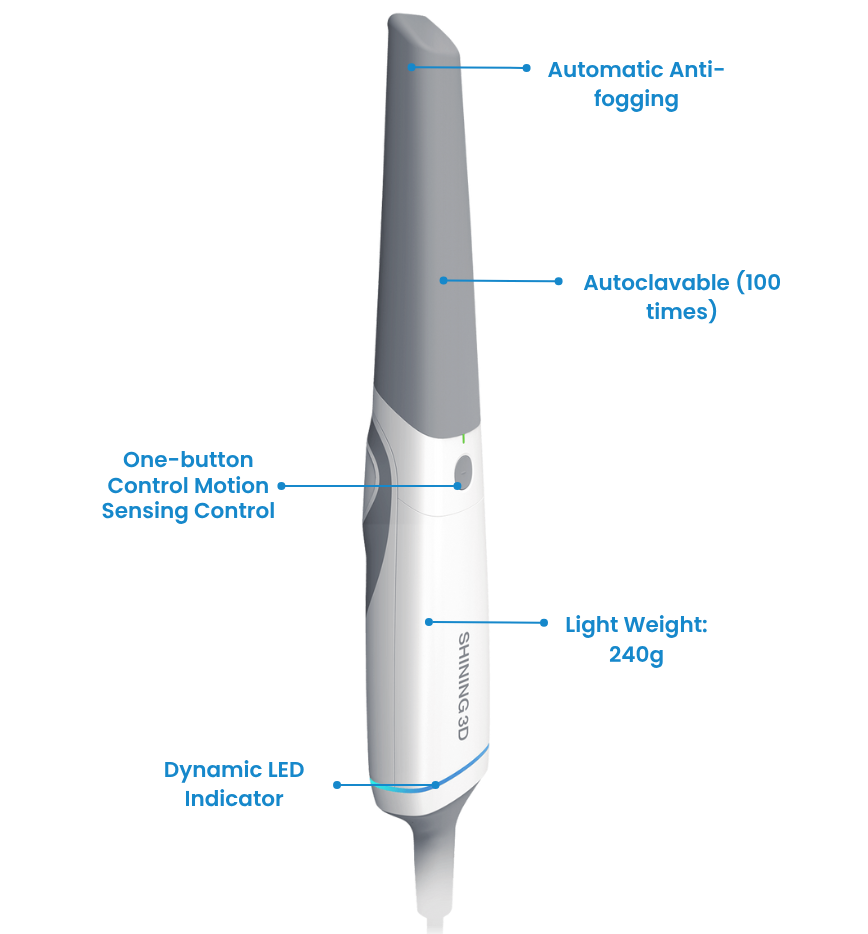 A handheld medical device highlights features: automatic anti-fogging, autoclavable (100 times), one-button control, lightweight (240g), and dynamic LED indicator.