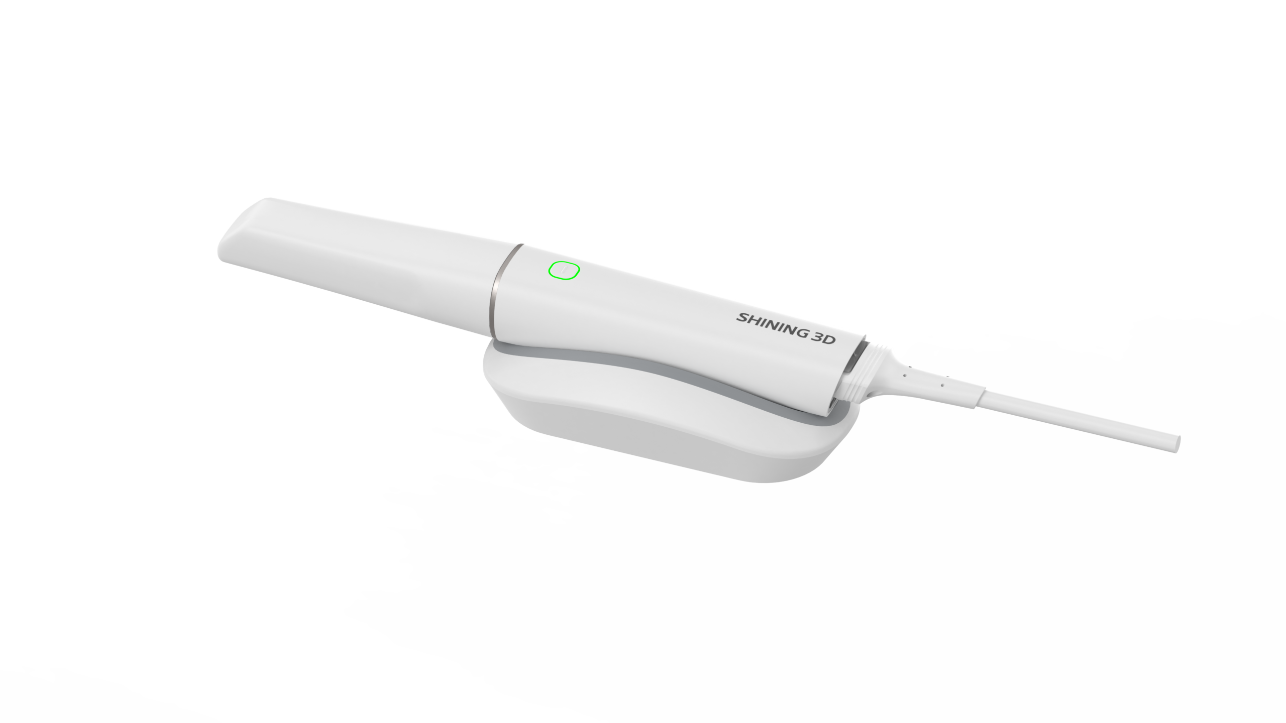 A sleek, white handheld dental scanner by Shining 3D, designed for precise digital impressions in dentistry, resting on its charging dock.