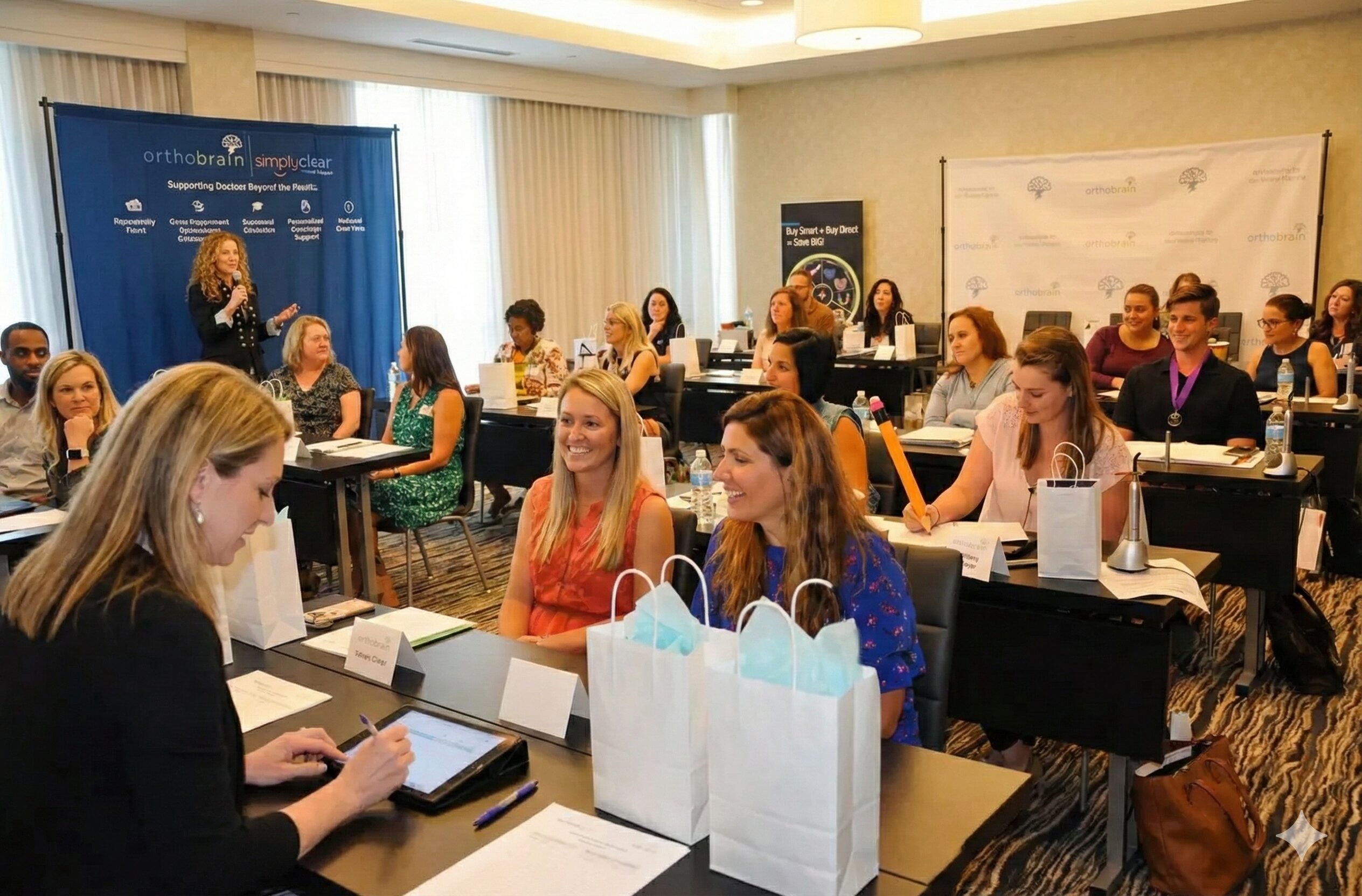 A room full of attentive people participates in a workshop, with a speaker presenting in front of a blue background.