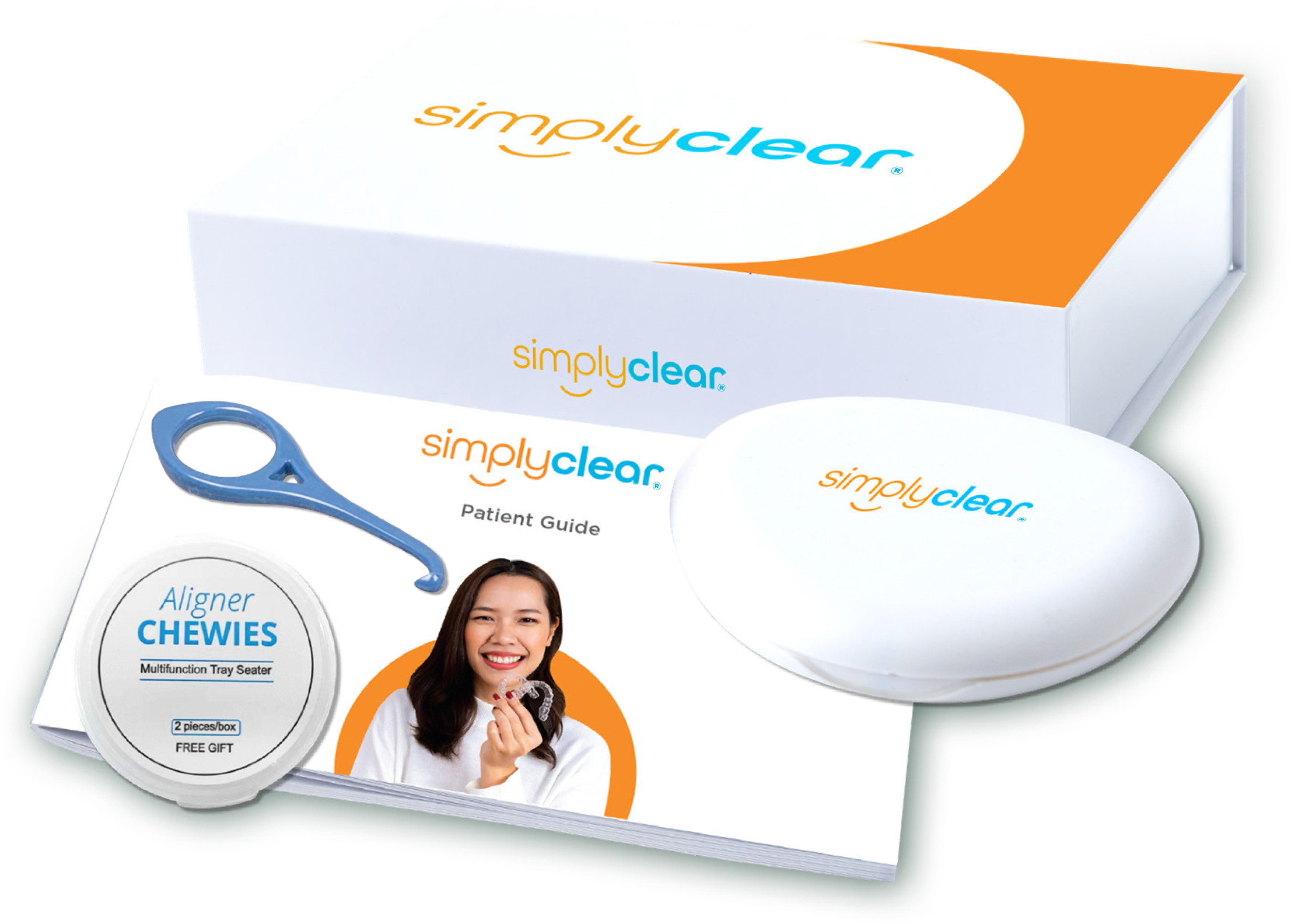 A dental aligner kit with a guide, chewie tool, and case, featuring packaging labeled "simplyclear" and a smiling person on the cover.