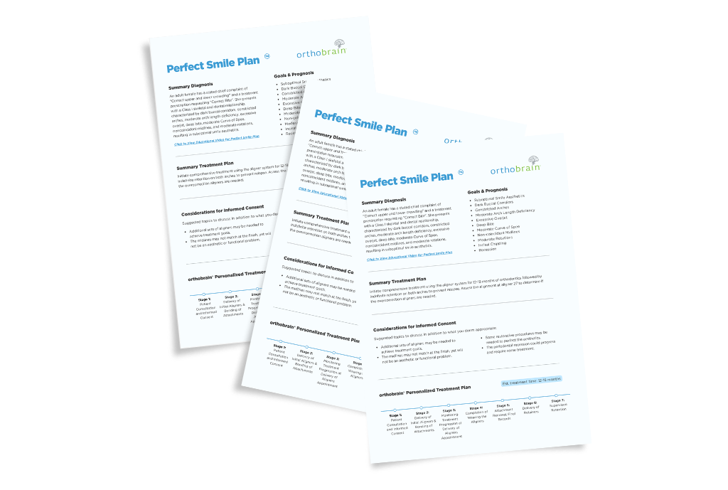 Three pages of a dental treatment plan titled "Perfect Smile Plan" by orthobrain, detailing goals, prognosis, treatment, and consent in a professional format.