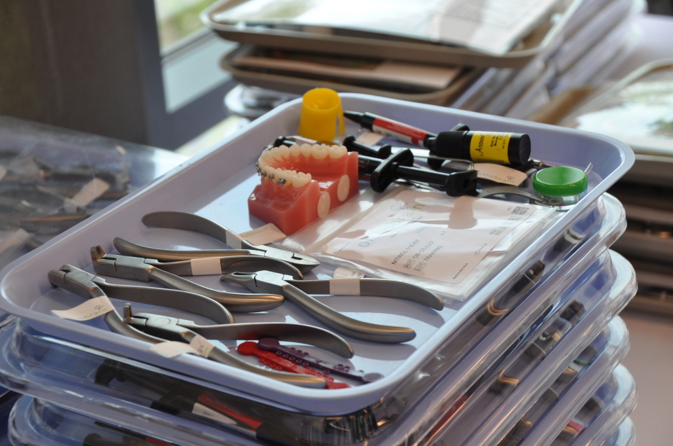 Dental tools and a model with braces are neatly arranged on trays, ready for use in a clinical setting.
