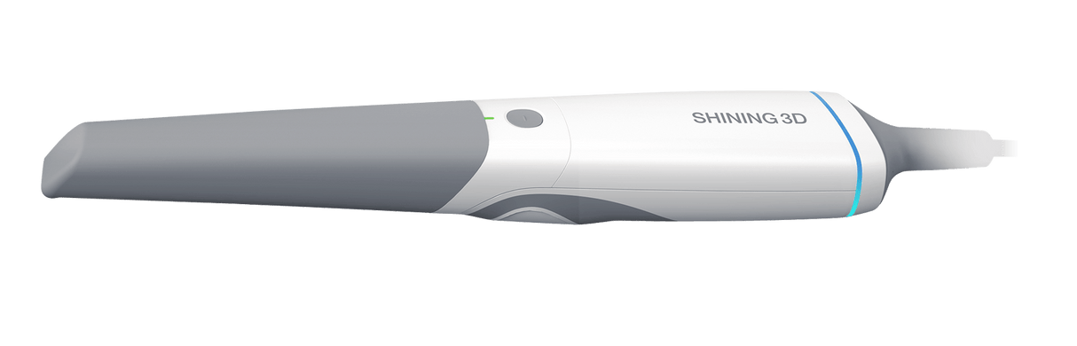 A sleek, handheld white and gray 3D scanner device labeled "SHINING 3D," designed for digital scanning use, shown in a side profile view.